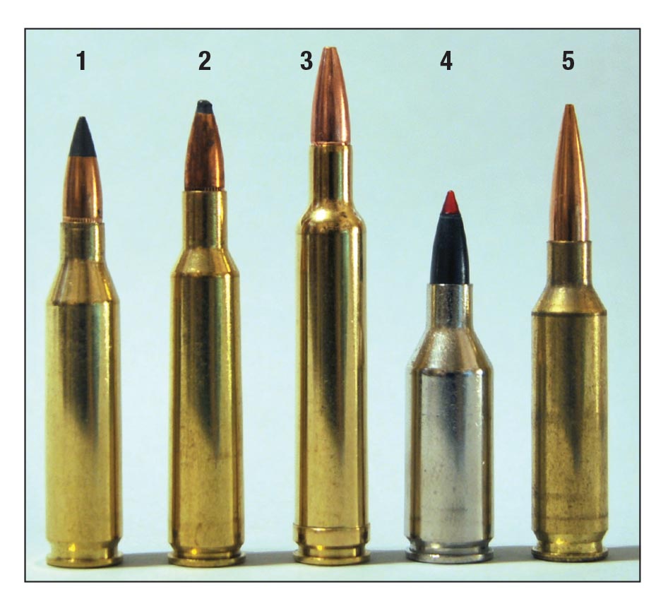 Current 6mms include the (1) .243 Winchester with a 95-grain Winchester Extreme Point, (2) 6mm Remington with a 100-grain SP, (3) .240 Weatherby Magnum with an 85-grain Barnes TSX, (4) the more-or-less defunct .243 Winchester Super Short Magnum with a 95-grain XP3 and the (5) 6mm Creedmoor with a 105-grain Berger Open Tip Match bullet.